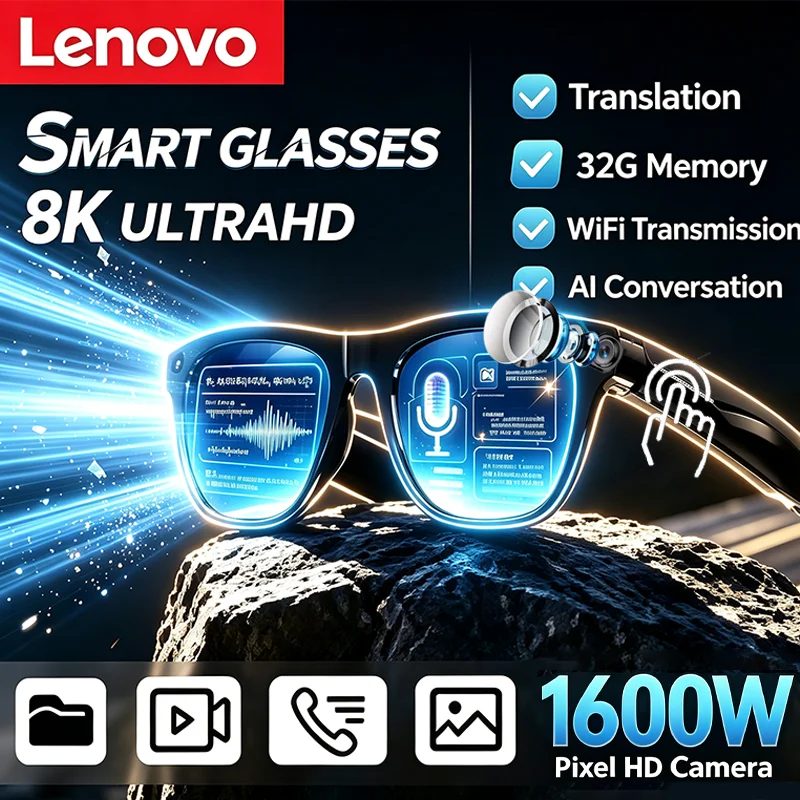 Lenovo NEW AI lentes con cámara 8k Photo Recording Remote Control Touch Translator Voice Assistant Blutettoth óculos inteligente