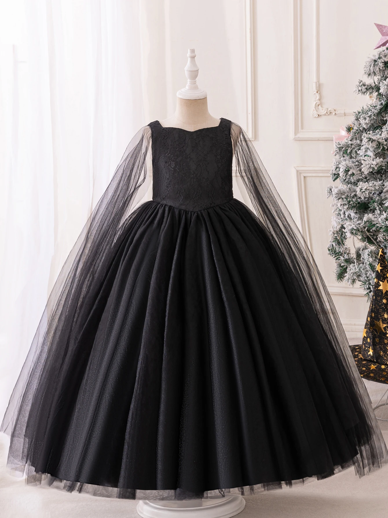 Princess Flower Girl Dress Black Floor Length Tulle Ball Gown Summer Tutu Dress for Wedding Birthday Party