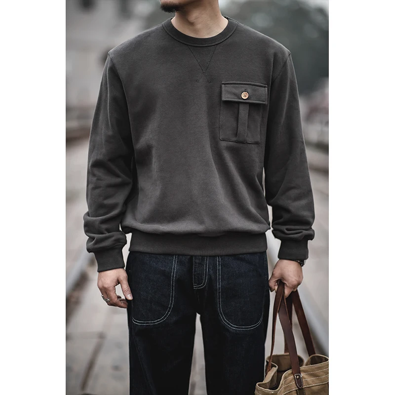 Heavy Sweatshirt Hoodie Men Winter Vintage Amekaji Thick Round Neck Long Sleeve Sweatshirt Solid Color Casual Pullover Tops