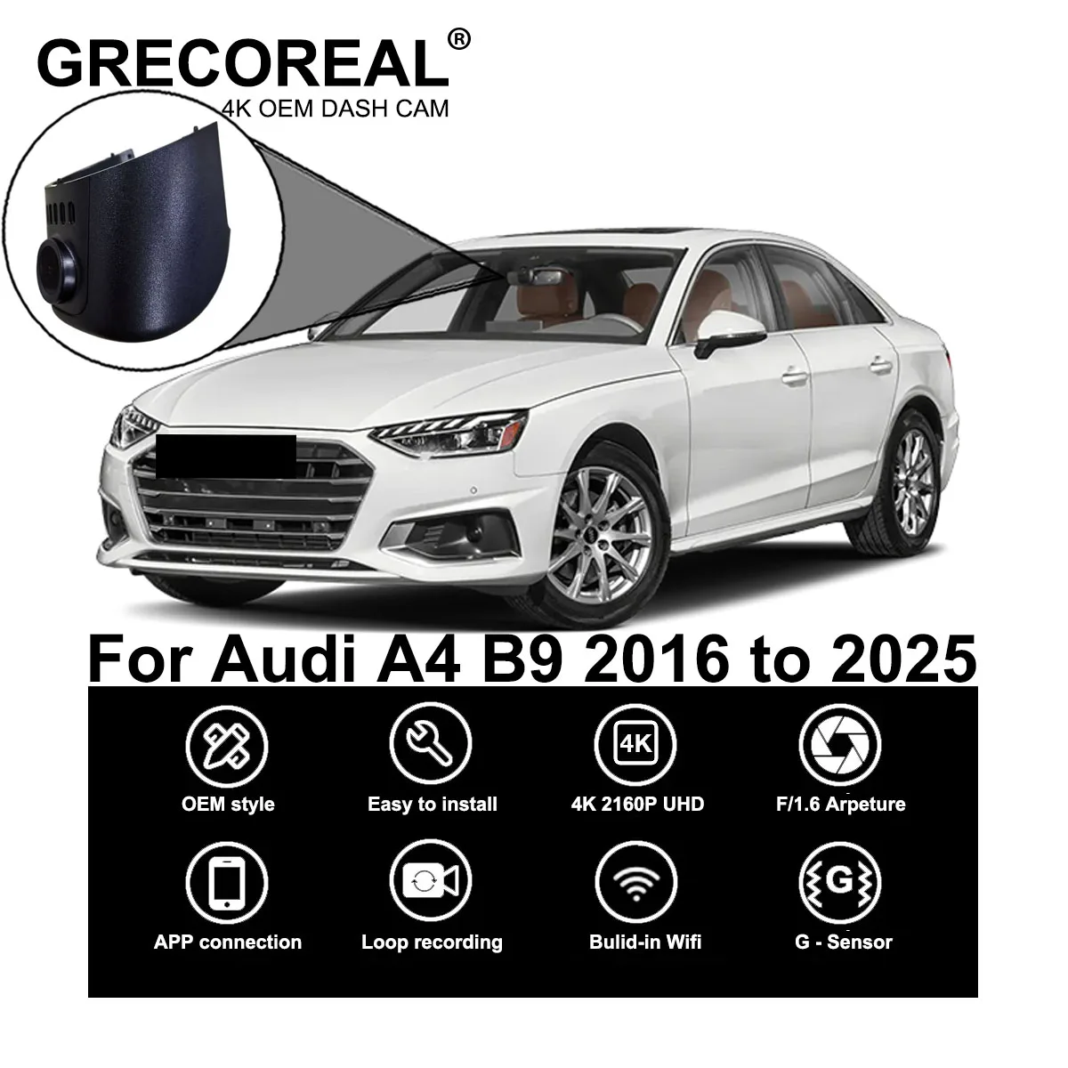 GRECOREAL 4K Dash Cam vorne und hinten 2160P WiFi Auto Dual Dashcam APP Steuerung einfache Installation Plug Play kompatibel mit Audi A4 B9