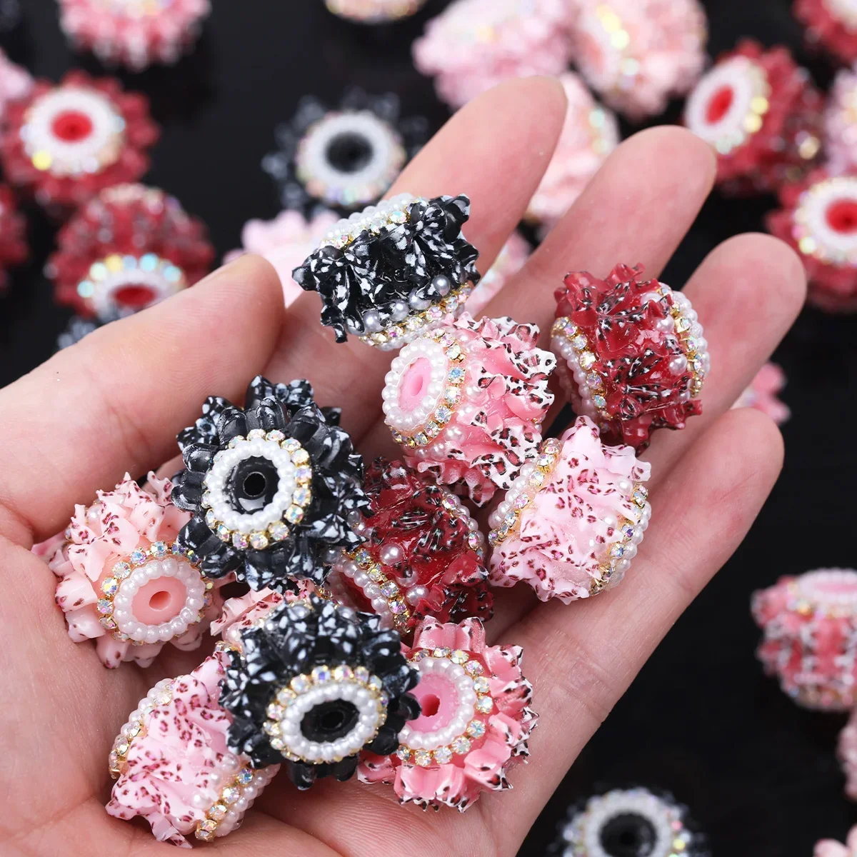 5/10pcs Random Color 24*18mm Acrylic Ruffled Edge Rhinestone Loose Beads,Large Hole for Handicraft DIY Creative Decor