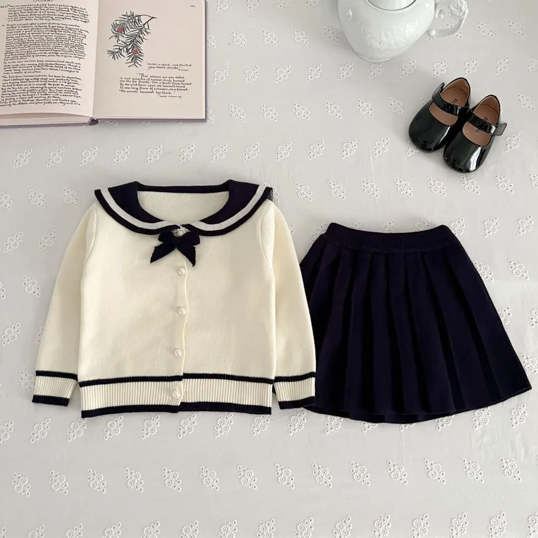 Autumn/Winter New Girls'  Clothe Sets Solid Color Bow Knitted Sweater Long Sleeve Top + Skirt Campus British Style Kids Outfits