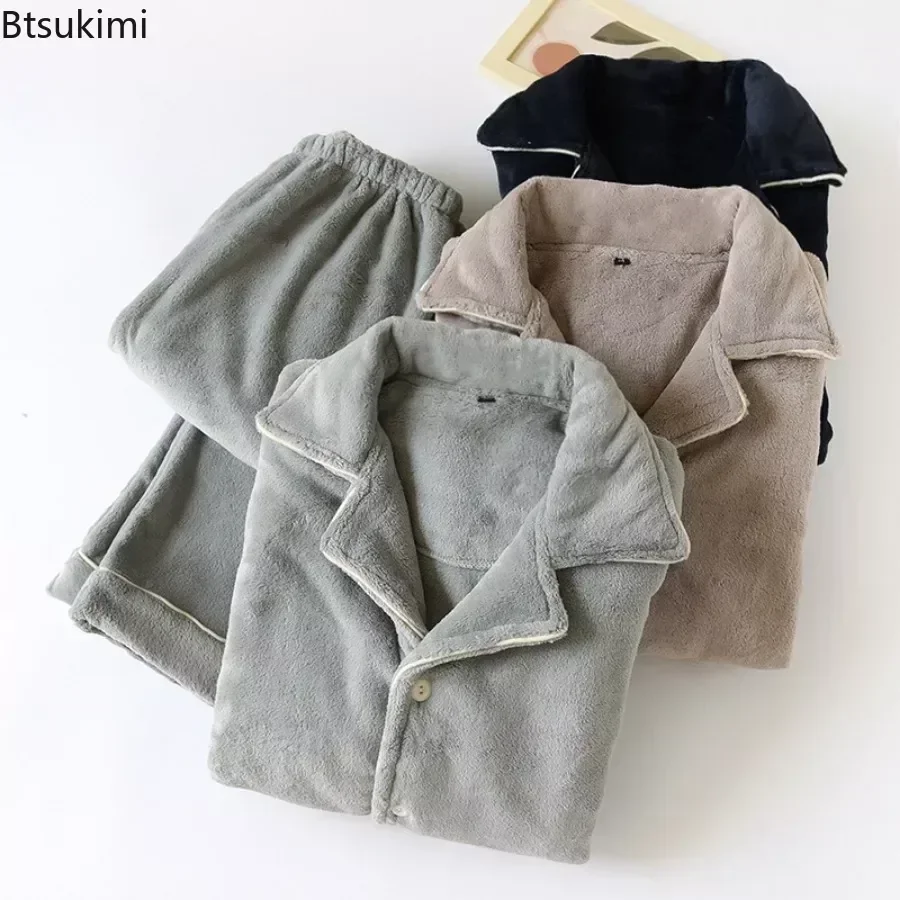 New 2025 Men's Warm Coral Fleece Pajamas Sets Sleepwear Autumn Winter Thickened Men Long Sleeve Home Wear Nightwear Sets 2PCS