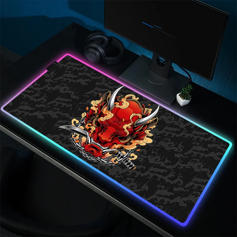 Rgb Oni Muismat Grote Gaming Muismat Led Antislip Bureaumat Gamer Vergrendeling Rand Computer Muis Mat Anime Rubber Toetsenbord Matten