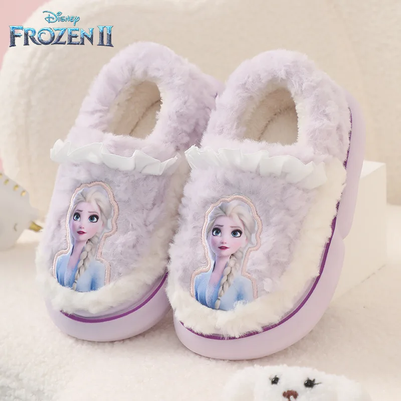 Disney Frozen Girls Cotton Slippers Soft Elsa Winter Warmer Indoor Warmth Preservation Non Slip Bedroom Children's Plush Shoes