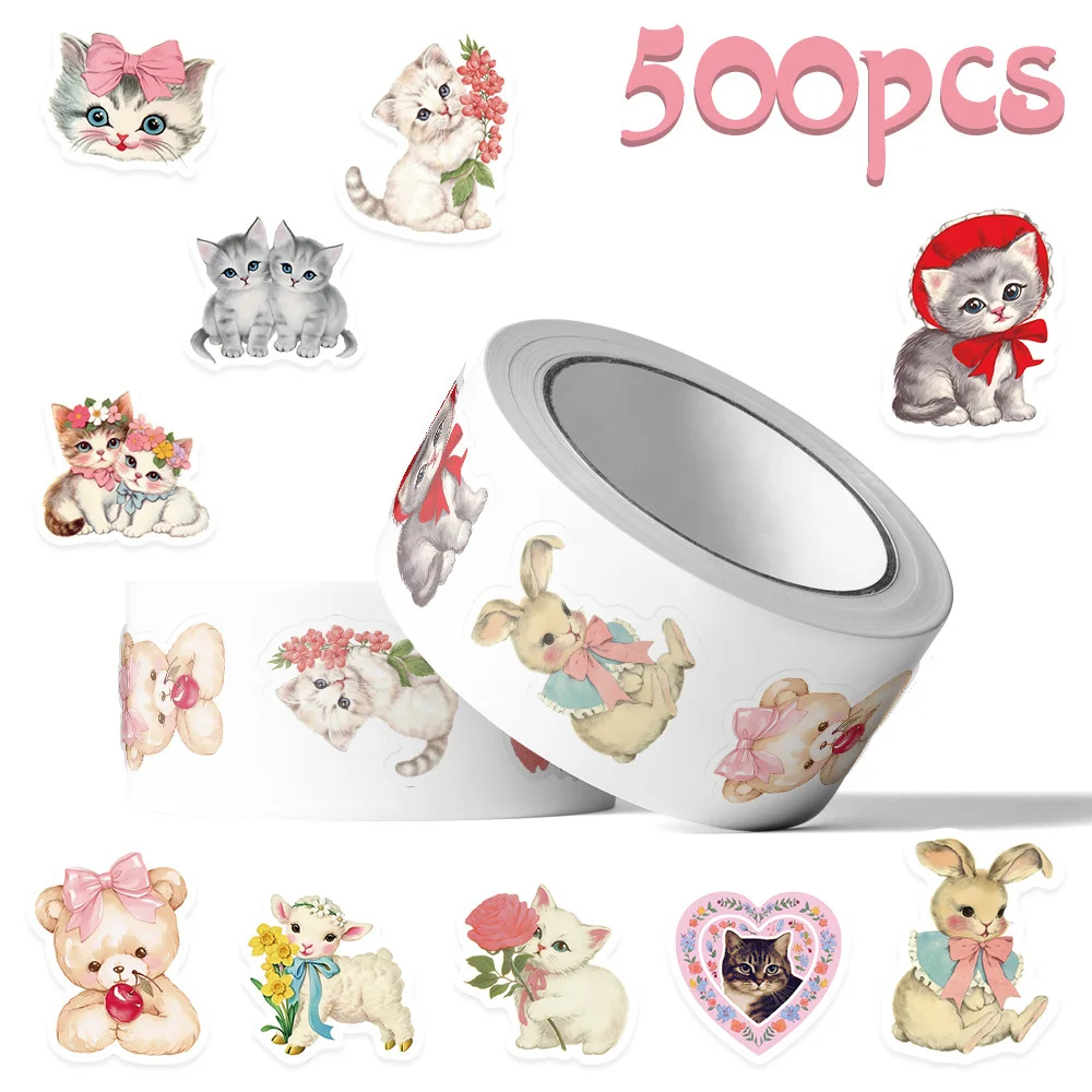 

500pcs/Roll Cute Retro Animal Cartoon Stickers Aesthetic Sealing Kid Reward Sticker Gift DIY Laptop Kawaii Decoration Decals Toy