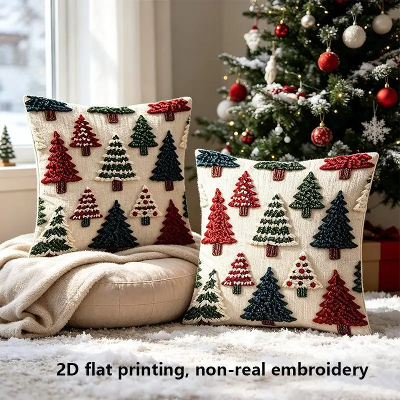 1Pc 2D Flat Print Pillow Cover Christmas Tree Embroidery Style Holiday Decorative Throw Pillow Sofa Couch Home Decor Gift