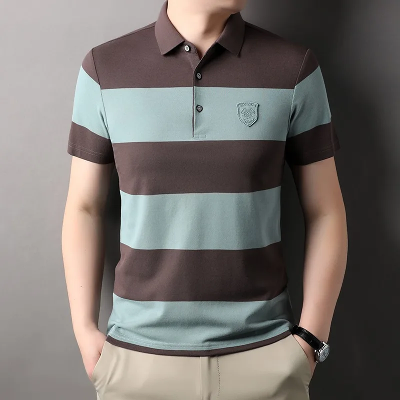 2024 Summer Breathable Comfortable Polo Shirt for Men Short Sleeve Classic Stripes Fashion Lapel T-shirts Casual Social Tee Tops