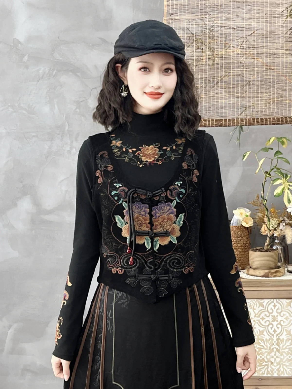 

Autumn Winter New Sle Heavy Embroidery Peony Flower Women's Vest Traditional Chinese Sle Buttoned oulder Pad Jaet