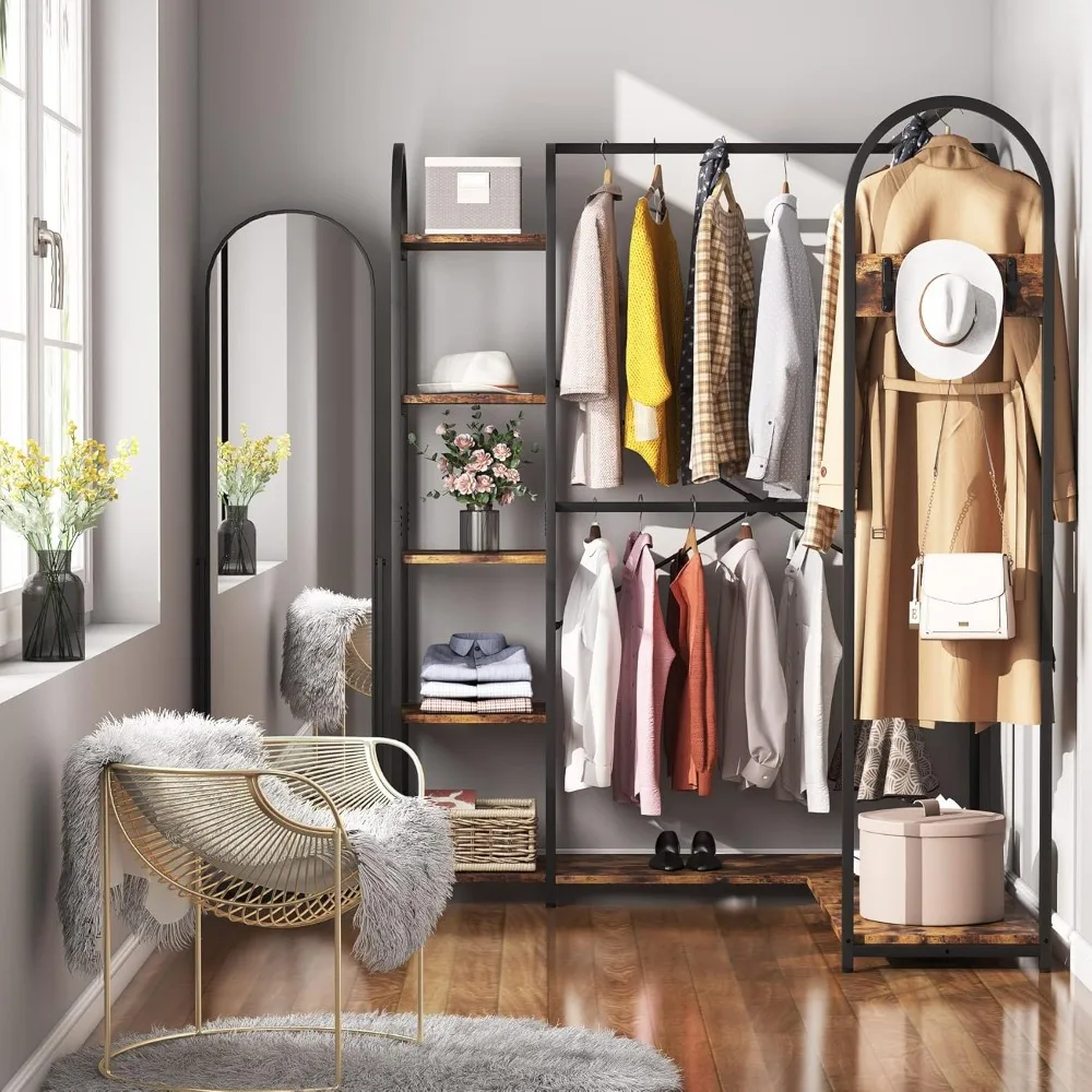 L ShapeClothes Rack, Corner Garment Rack withStorage Shelves and Hanging Rods,Space-Saving Large Open Wardrobe Closet