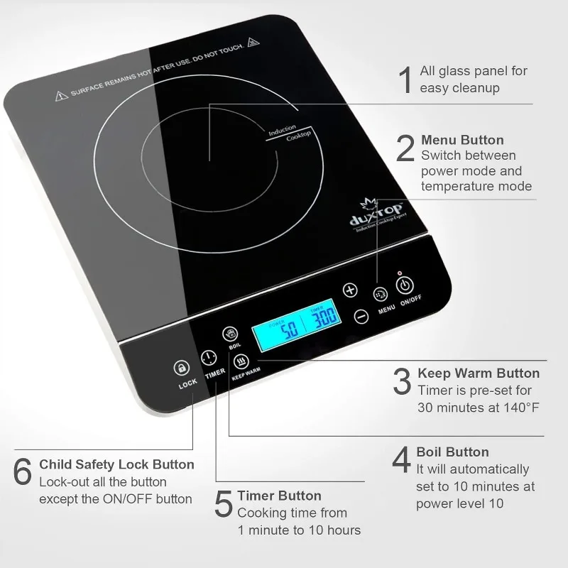 Plaque de cuisson à induction portable Duxtop, plaque chauffante à induction avec capteur LCD tactile 1800 Watts, argent 9600LS/BT-200DZ