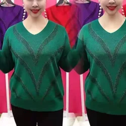 Pulôveres de malha de manga comprida com decote em v feminino, suéter de diamante solto, tops básicos, roupas casuais, moda vintage, outono, inverno, novo