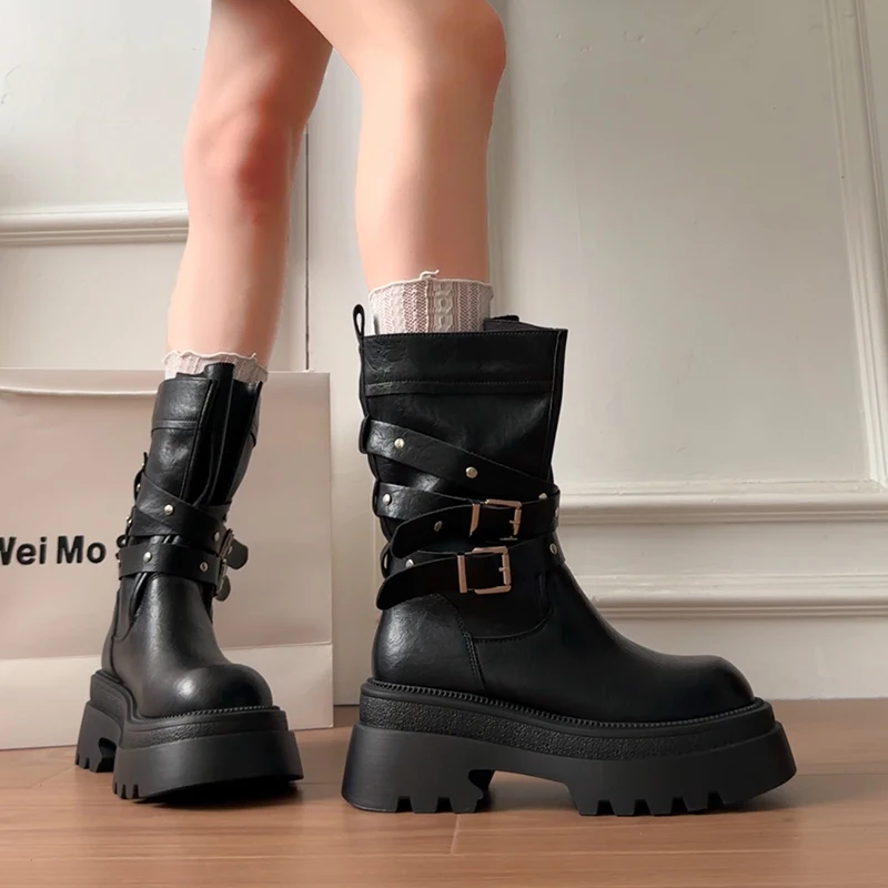 Lined Warm Women Platform Mid Calf Boots Multi Buckle Strap Faux Leather Shoes Casual Autumn Thick Sole Motorcycle Boots