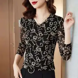 Womens Clothing 2023 Autumn and Winter Thick Letter Print Elegant Basic T-shirts Sexy Mesh V Neck Long Sleeve Slim Pullover Tops