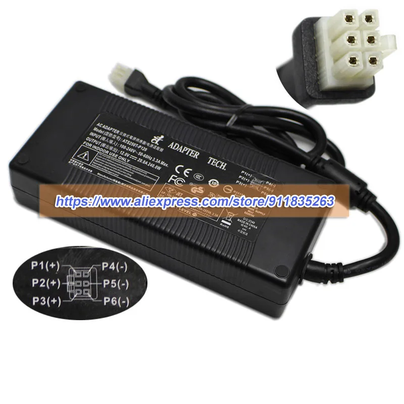 Genuine for Adapter Tech ATS250PT-P120 AC Adapter 12V 20A 240W Power Supply with Molex 6Pins Charger