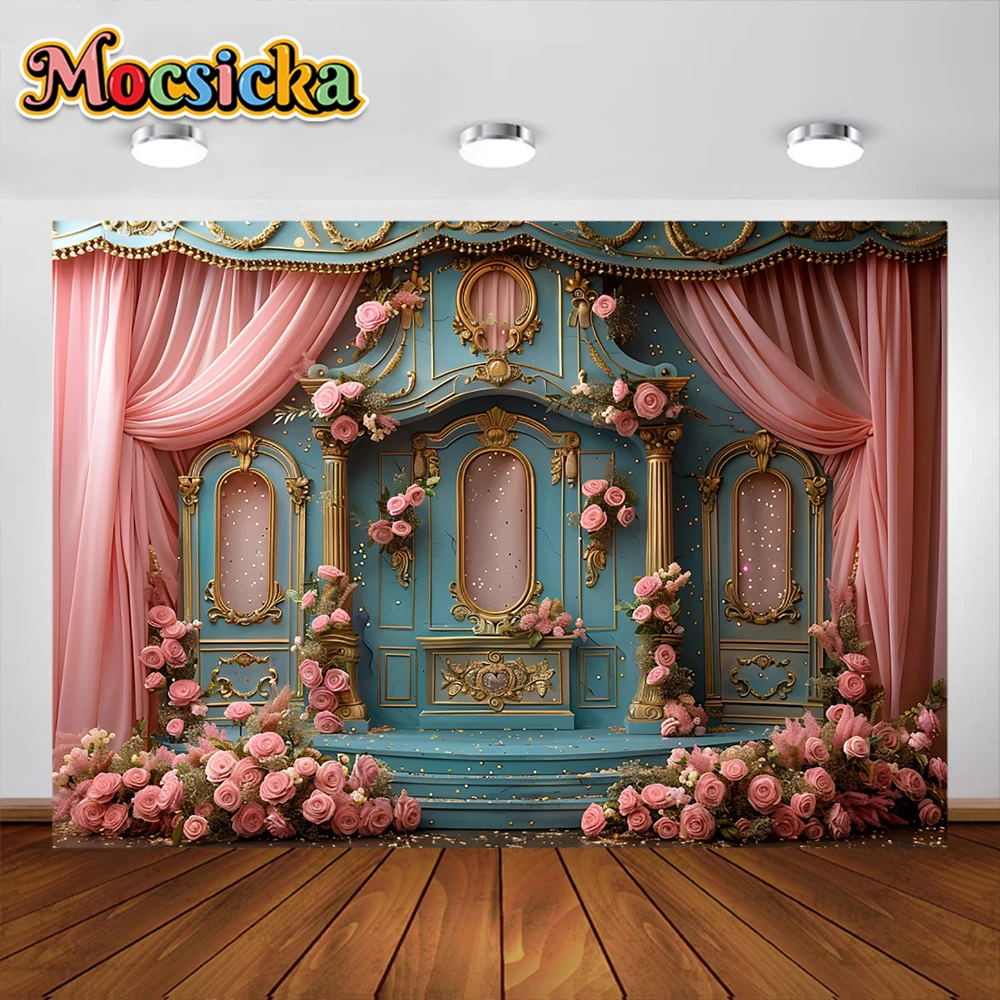 Retro Theater Photography Backgrounds Pink Curtain Castle Party Decora Supplies Cake Crush Baby Shower Backdrop Studio Props