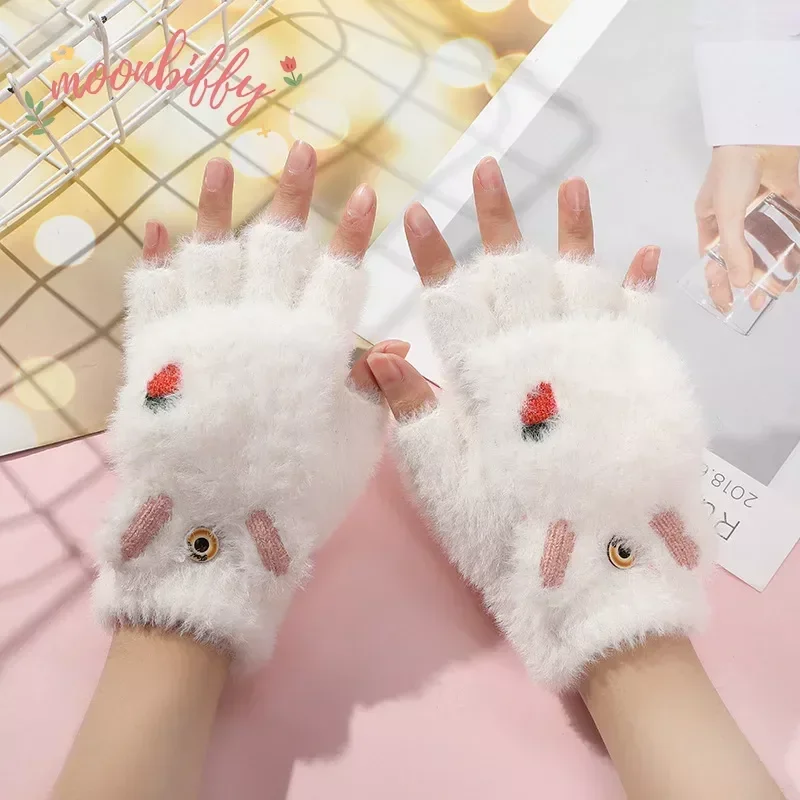 Mitaines sans doigts en peluche pour femmes, gants optiques pour filles, mitaines à rabat, chaud, doux, flexible, demi-doigt, lapin, chat, mode,