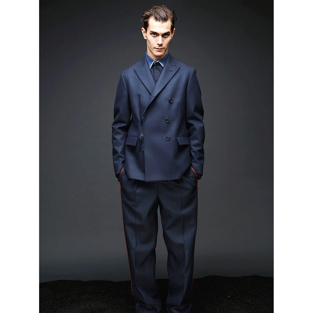 Deconstructivism Dark Navy Blue Men's Asymmetric Double-Breasted Blazer&Pant 2 Piece Set  Loose Fit Office Party Casual Male