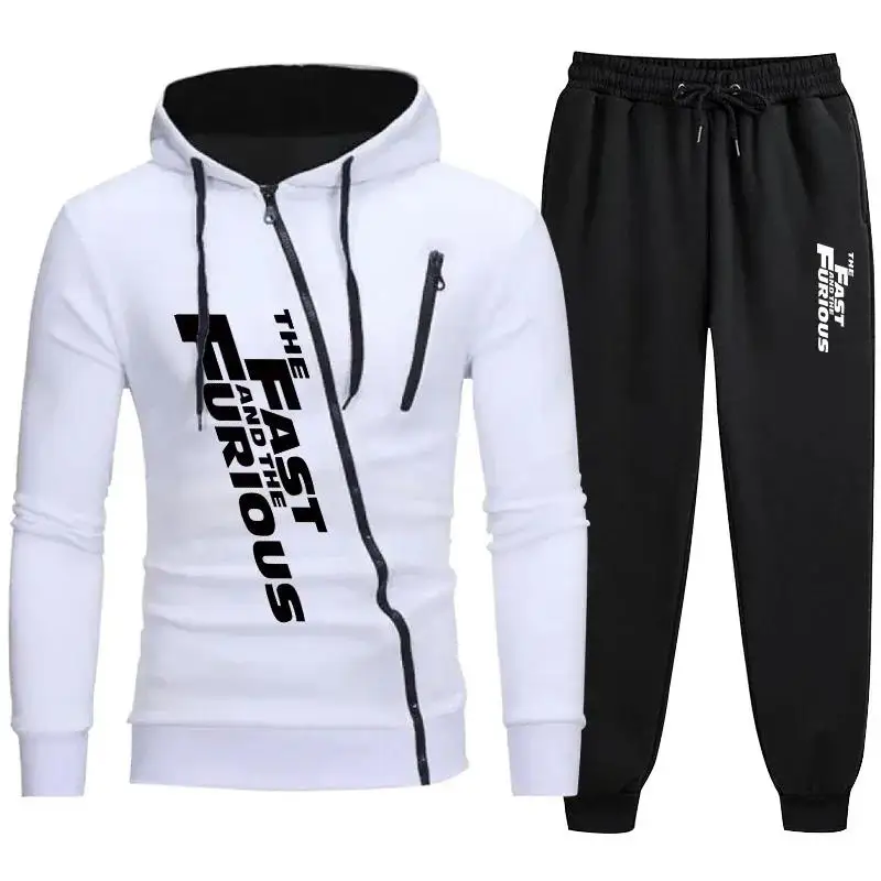 Mens Tracksuit Fashion Print Zipper Hooded Sweatshirt+Sweatpants 2 Piece Set Jogging Sports Casual Suit Versatile Jacket Coat