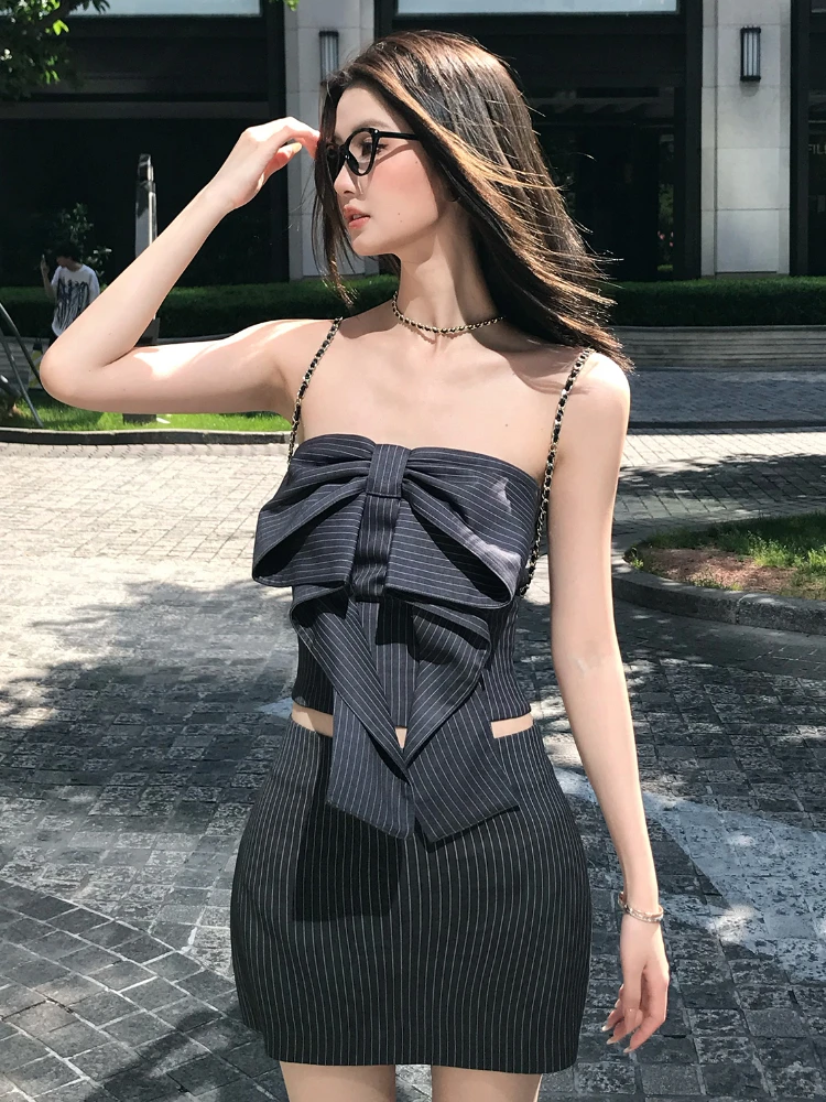 2024 Women Harajuku Y2k Elegant Skirt Sets Striped Two Piece Suit Vintage Sleeveless Crop Tops A-Line Slim Y2k Mini Skirt 2000s