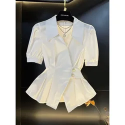 White shirt women's summer new slim and versatile French advanced sense V-neck waist design sense fashion luxury pleated top