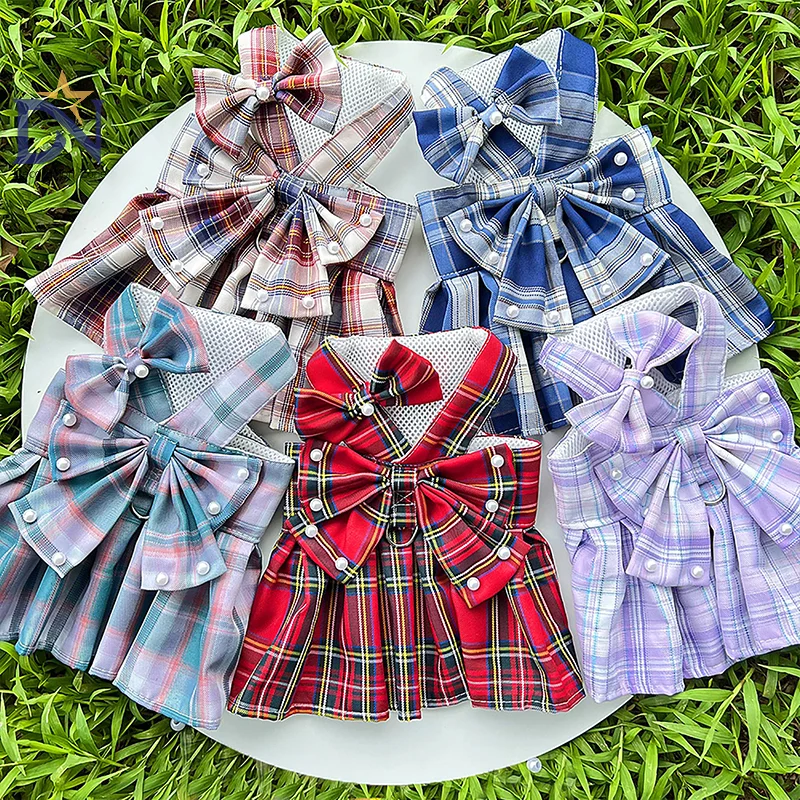 Stylish and Comfortable Bowknot JK Pet Dress; Includes Matching Harness and Leash Set; Perfect for Cats and Dogs at Parties