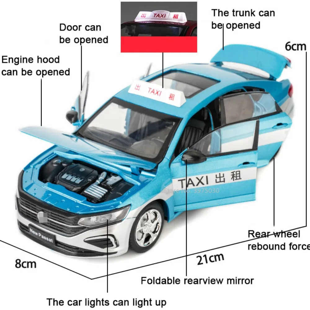 1/24 파사트 택시 합금 자동차 모델, 다이캐스트 금속 장난감 차량, 사운드 라이트 포함, 풀백 절묘한 인테리어 장난감, 어린이 선물