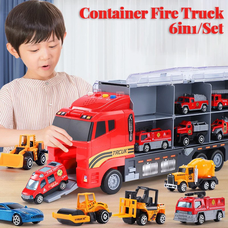 6In1/set Container Fire Truck Toys with Mini Diecast Alloy Car Sliding Transport Trucks Collection Toys for Boys Kids Gift