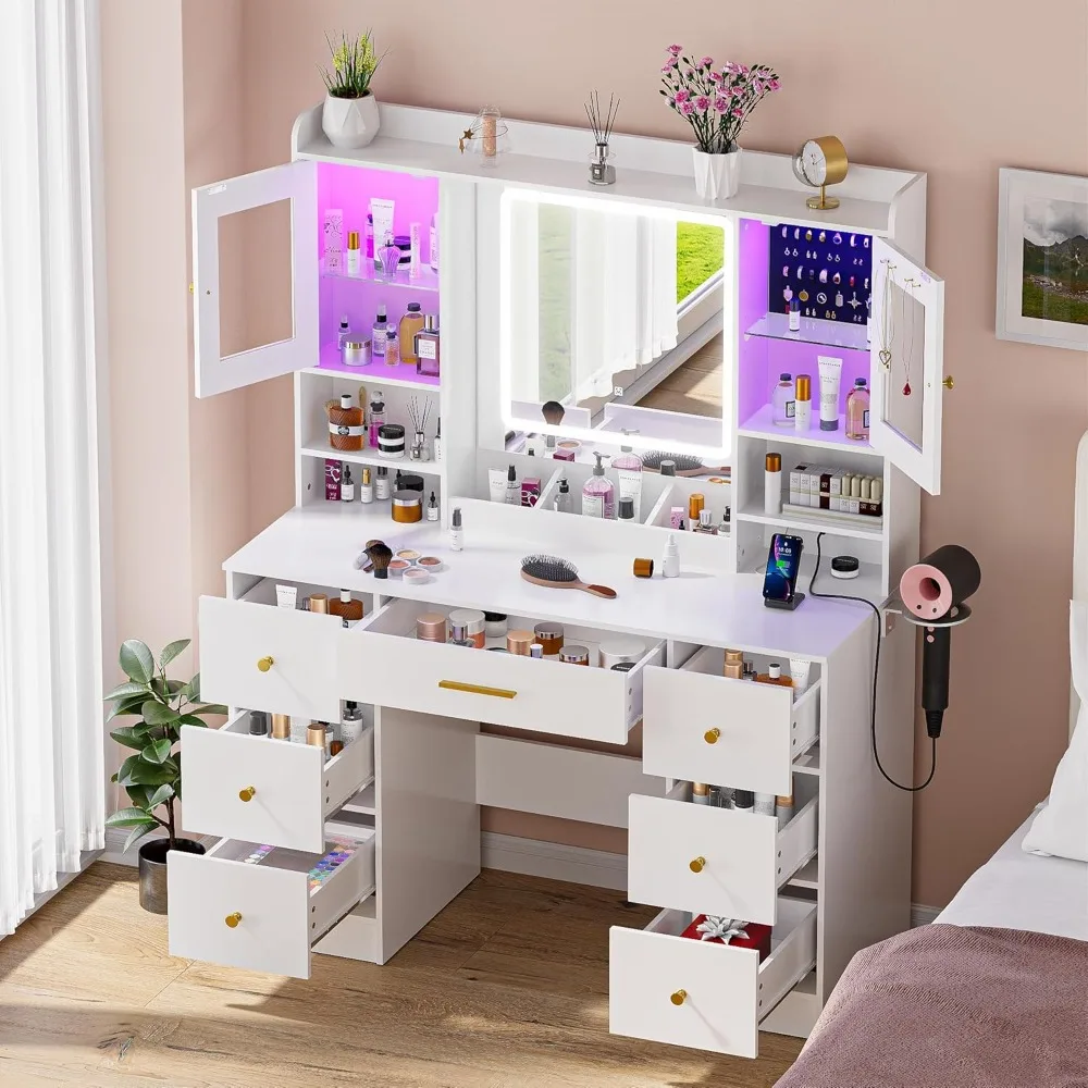Schminktisch mit Spiegel und Lichtern, weißer großer Schminktisch mit 7 Schubladen und LED-Schmuckschrank, Schminktisch