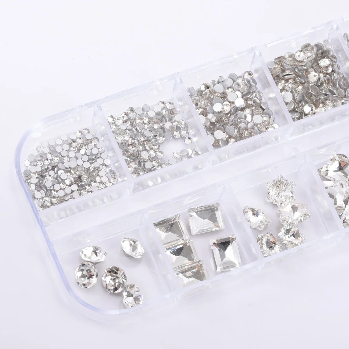 950pcs12 palace box transparent color flat nail rhinestone rhinail diamond fat square crooked heart special nail tip drill set