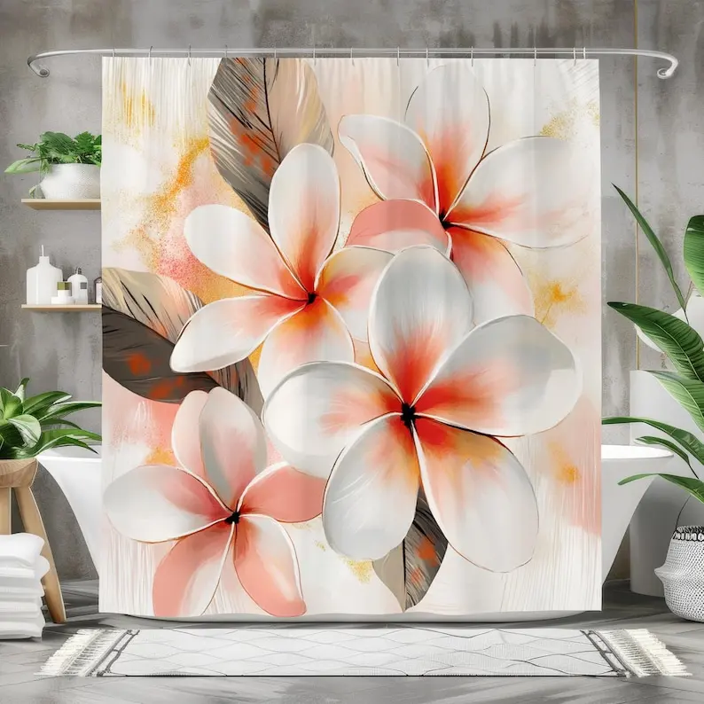 

Занавеска для душа с цветочным принтом Tropical Plumeria, водонепроницаемый персиково-белый, бежевый, коралловый декор для ванной комнаты с ботаническим узором