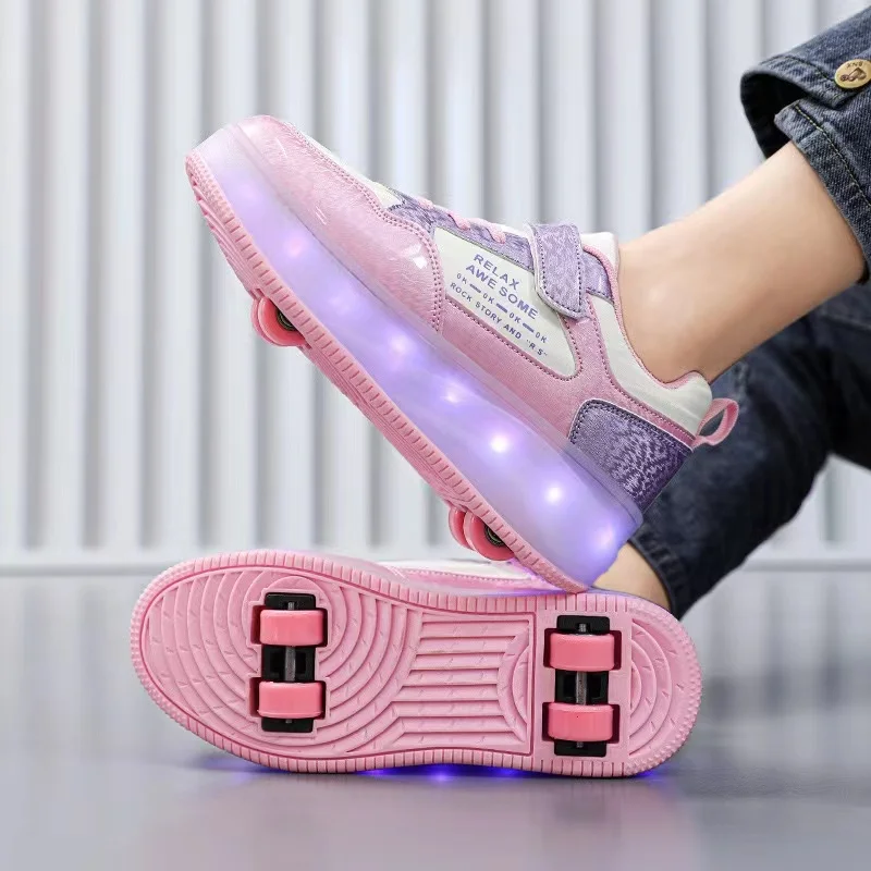 Children's Roller Skate Shoes, USB Charging, LED Light, Walking Sneakers, 4 Wheels Deformation, Girls, Boys, Kids, Gifts