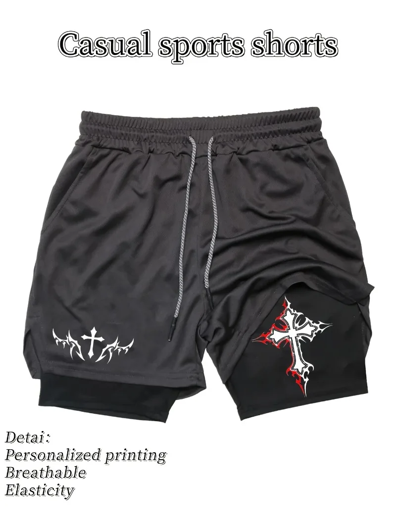 Pantalones cortos deportivos de secado rápido para hombre, pantalones cortos de entrenamiento transpirables que absorben la humedad para gimnasio con cordón de cintura elástica, diseño de doble capa