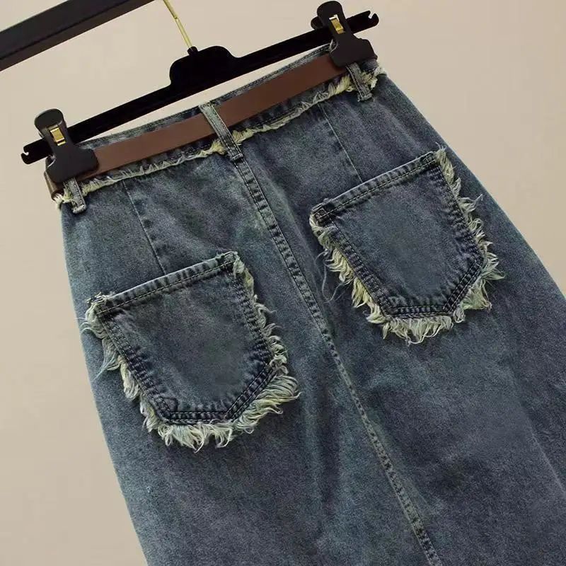 Casual Jean Skirts For Women High Waist Side Slit Denim Skirts Classic Mid Length Four Seasons Streetwear Skirts without Belt