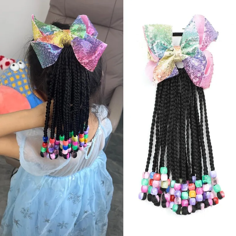 

Kids Hair Accessories Braided Ponytail Extension With Beads Braids Hair Extensions For Kids Pony Beads Synthetic 9Inch 18stands