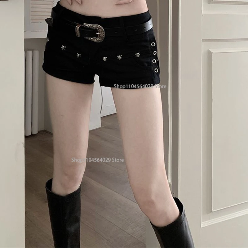 Summer Girls Korean Denim Shorts Lady Ultra Low Rise Y2k Designer Short Pants Female Black Rivet Hip Hop Wrap Hip Skinny Jeans