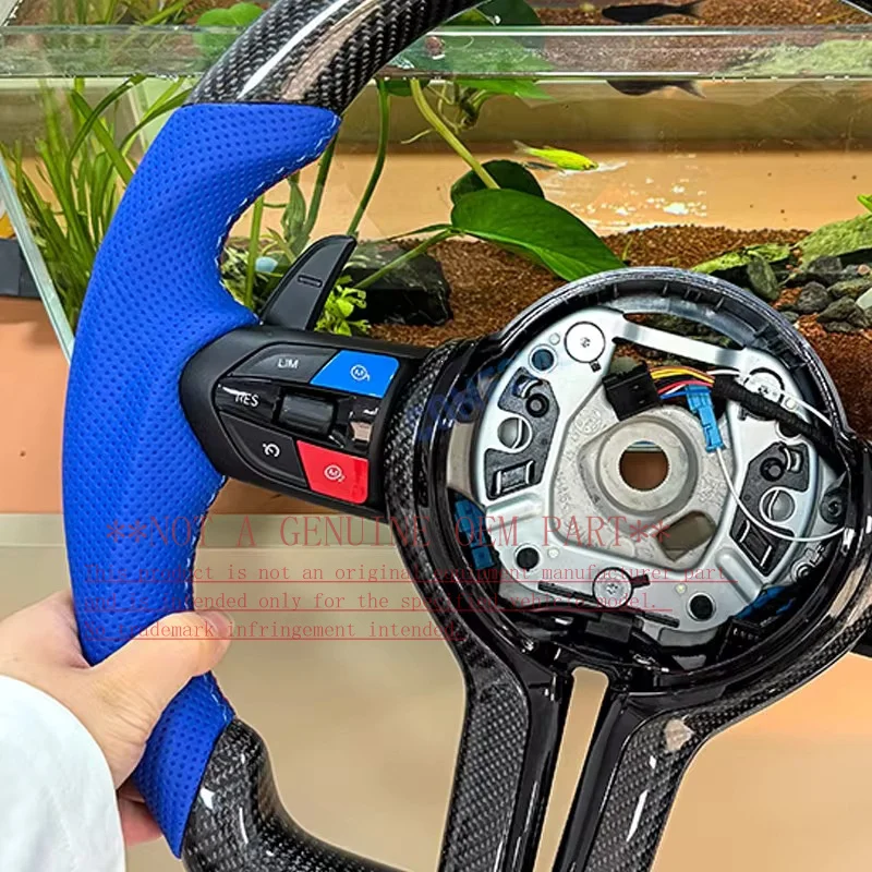 For BMW F Series Steering Wheel Horn Cover Top And Bottom Carbon Fiber Two Side Blue Perforated Leather