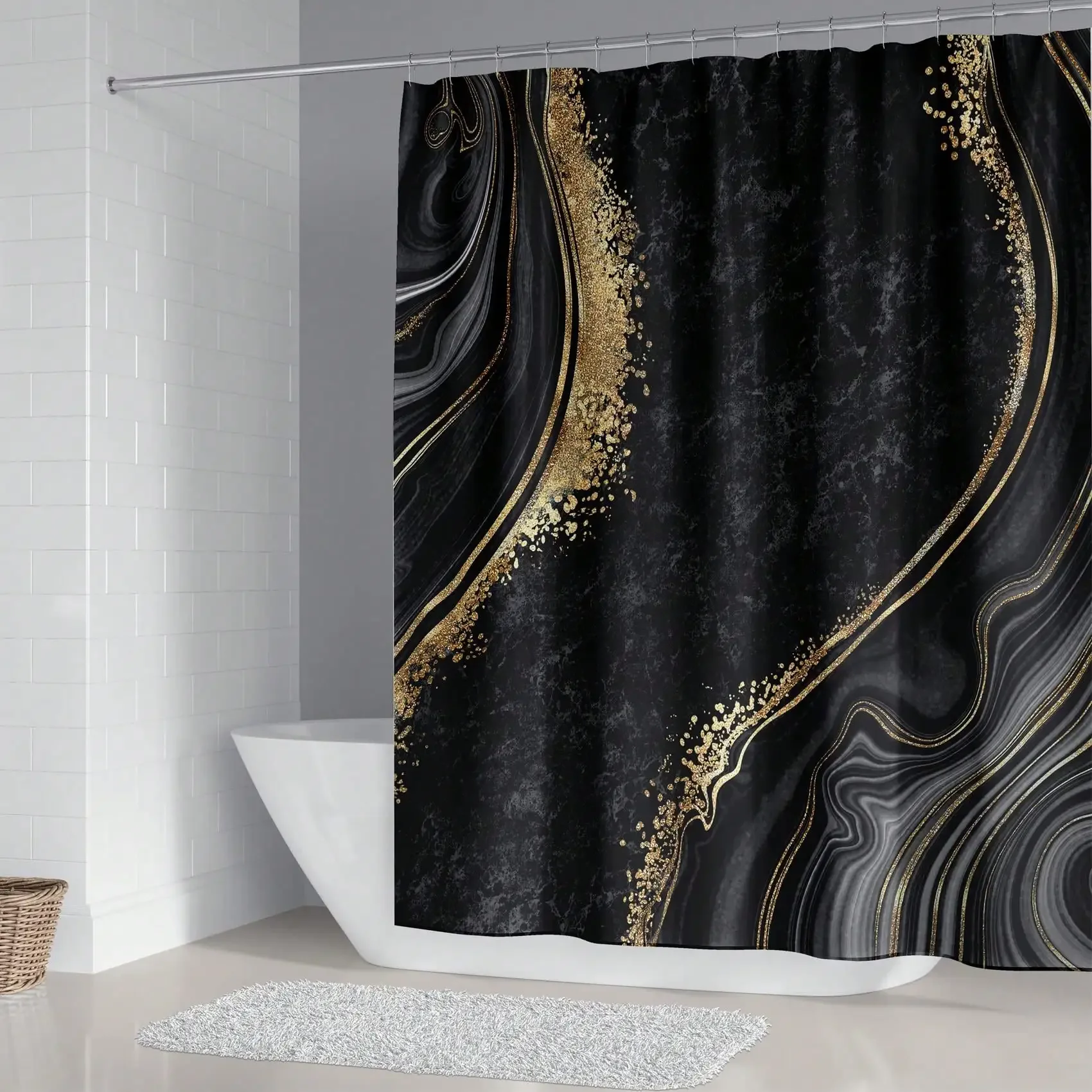 4Pcs Luxury Marble Shower Curtain Sets, Bathroom Sets with Shower Curtain, Toilet Lid Rug, Bath Mat and Contour Mat, Shower Curtain with 12 Hooks for Bathroom Set Decor 72 x 72 Inch, Black - view 2