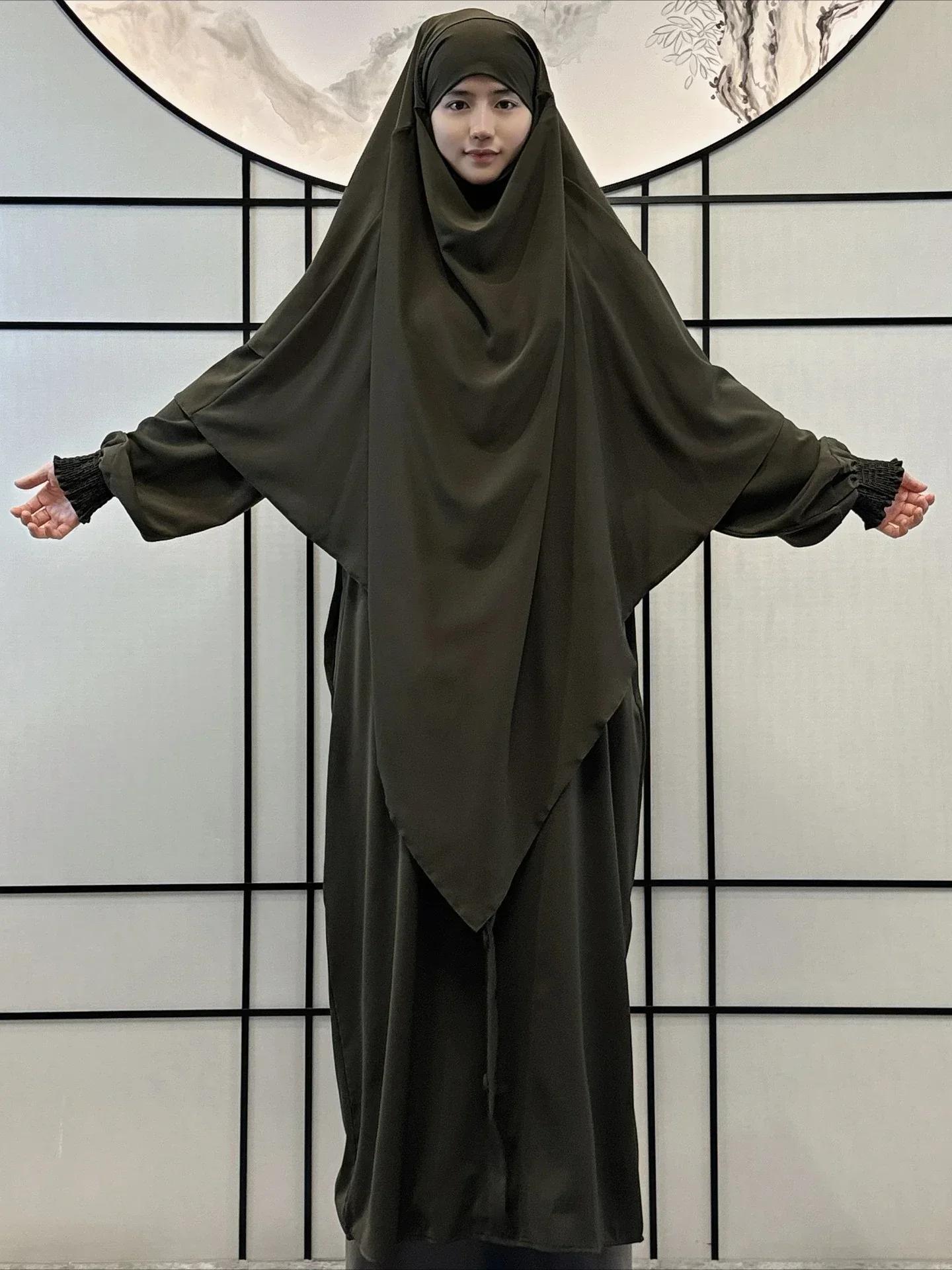 Moslim Vrouwen Gebed Jurk met Khimar Hijab 2-delige Set Eid Abaya Lange Gewaad Hoofddoek Islamitische Marokko Kaftan Vestidos Jalabiya