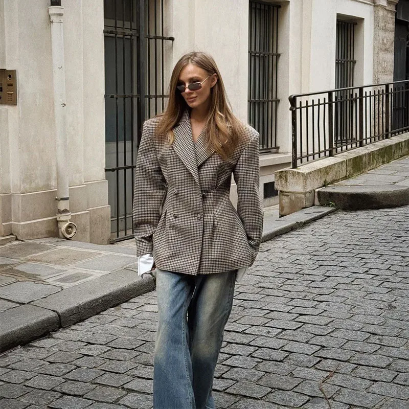 

Повседневный дорожный костюм, темпераментный клетчатый дизайн, женский пиджак, простая и универсальная куртка средней длины, новая женская одежда