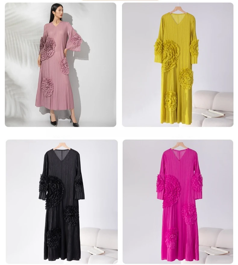 

Miyake Folds 2025 осеннее новое легкое роскошное темпераментное платье высокого класса с v-образным вырезом и цветами для ногтей, модные тонкие длинные платья большого размера