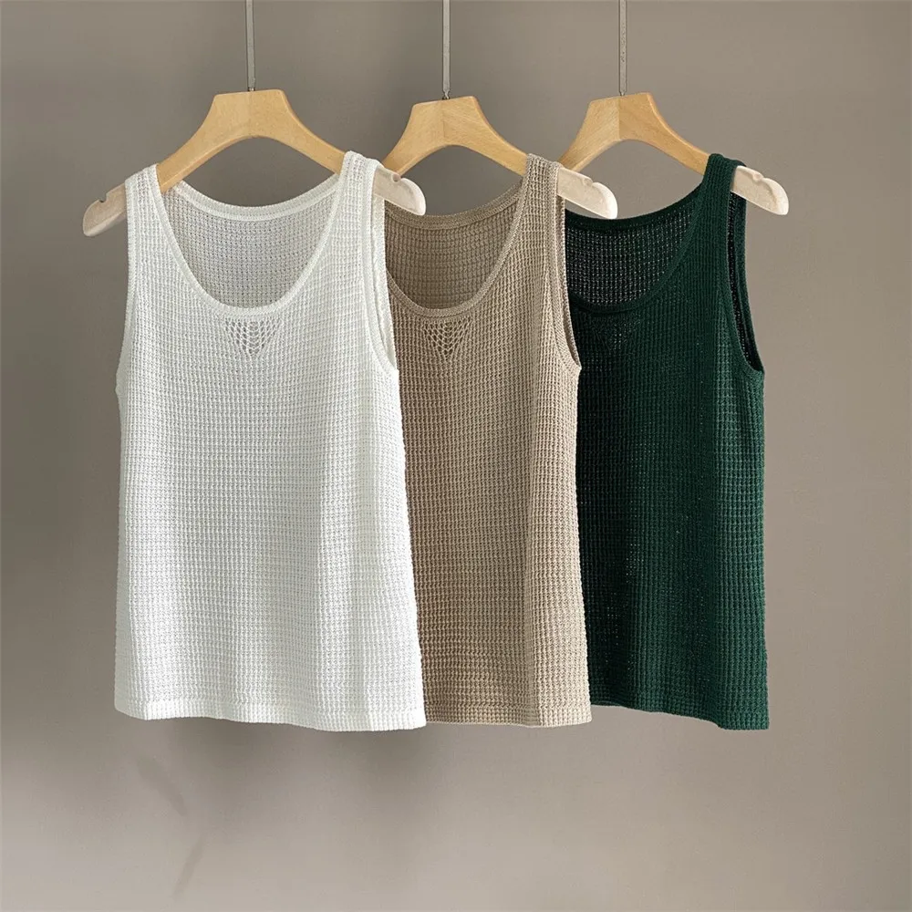 2025 Primavera/Estate Nuova canotta senza maniche lavorata a maglia versatile in cotone e lino tinta unita per donna
