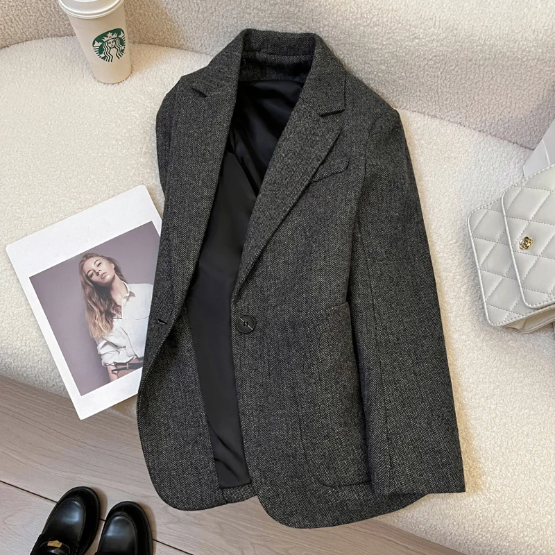 Grey Woolend Blended Suit Jacket Women's Autumn Winter 2024 New Vintage Wild Casual  Office Lady Elegant Tweed Suit