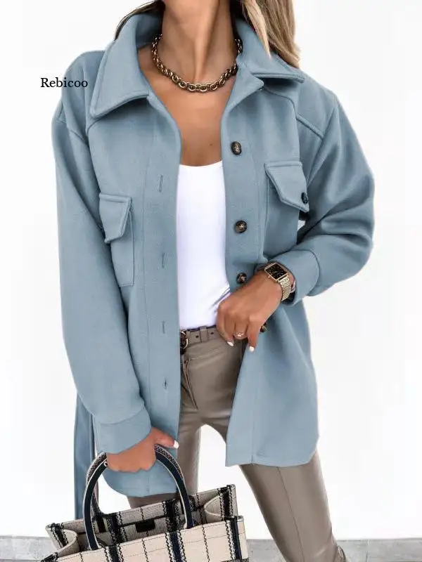 

Jacket Women Solid Color Woolen Coat Single-Breasted Bandage Turn-down Collar Long Sleeve Suits Woman Clothing Loose Cardigan