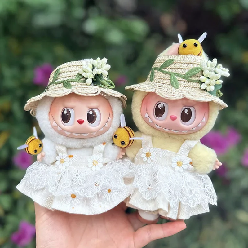 Bonitos muñecos de peluche, ropa para Labubu I II, estilo coreano, sombrero de paja de Margarita esponjosa, traje, vestido, sombrero de flores, traje para Ladbubu Crybaby