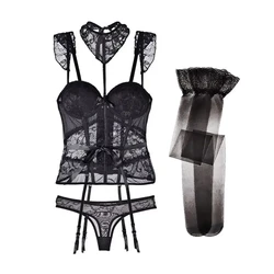 Sexy 4PCS Shapewear Tight Slim Waist Bra Thong Set One-piece Suspender Suit Garters Lace Stockings