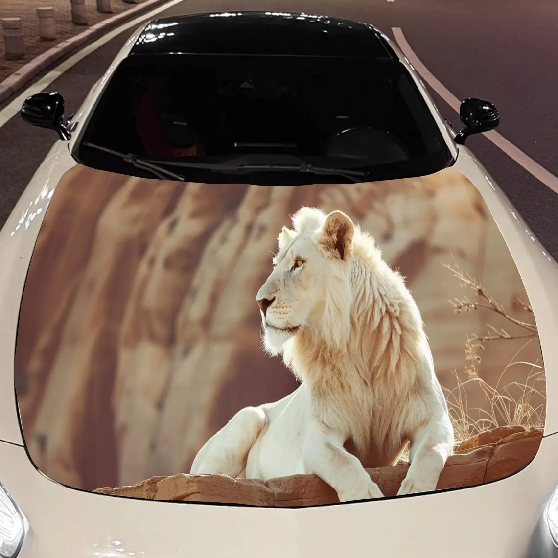 

White Lion Overlook Car Hood Sticker PVC Self Waterproof Stick, Striking Auto Exterior Accessories Decor Protect Gift for Lover