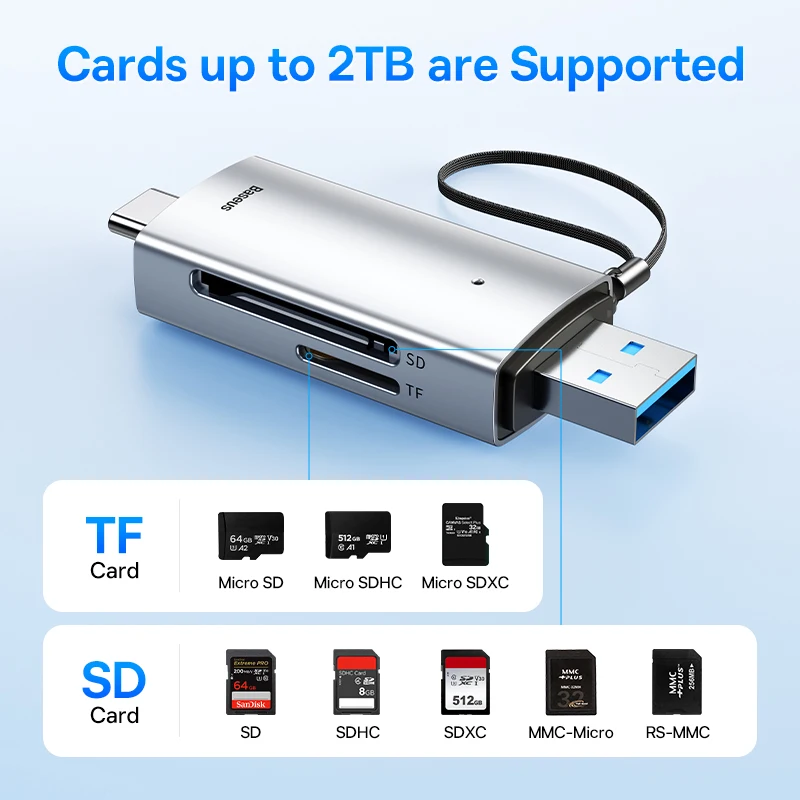 Baseus 노트북 액세서리용 스마트 카드 리더, USB C 및 USB3.0 에서 SD 마이크로 SD TF 메모리 카드 장치, 104 MB/s, 2TB