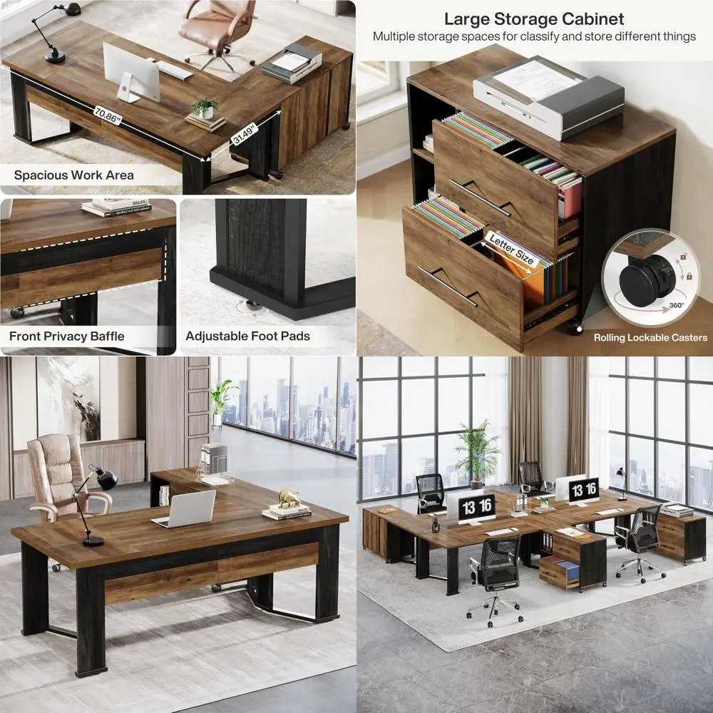 

L-Shaped Computer Desk with Storage, Executive Desk and Mobile File Cabinet in Rustic Brown