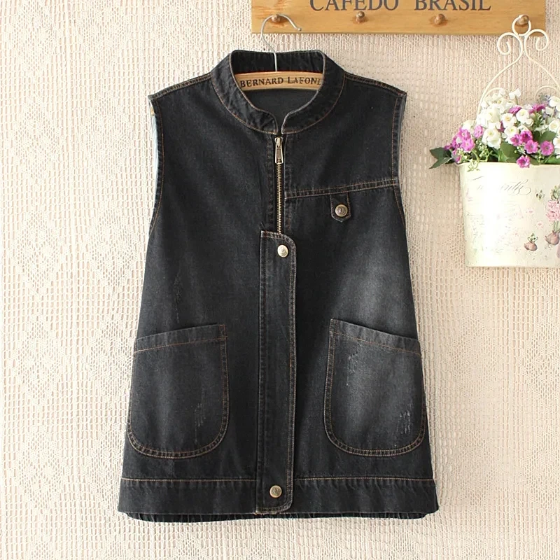 

Denim Vest Jacket Women 2022 Spring Autumn Stand-Up Collar Casual Tops Loose Sleeveless Gilet Femme Fashion Jeans Waistcoat